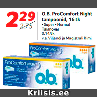 Allahindlus - O.B. ProComfort Night tampoonid, 16 tk