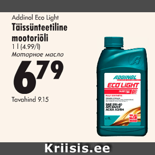 Allahindlus - Addinol Eco Light Täissünteetiline mootoriõli 1 l