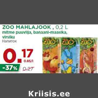 Allahindlus - ZOO MAHLAJOOK , 0,2 L mitme puuvilja, banaani-maasika, virsiku