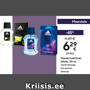 Allahindlus - Meeste tualettvesi Adidas, 50 ml