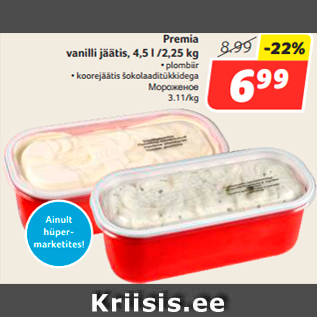 Allahindlus - Premia vanilli jäätis, 4,5 l /2,25 kg