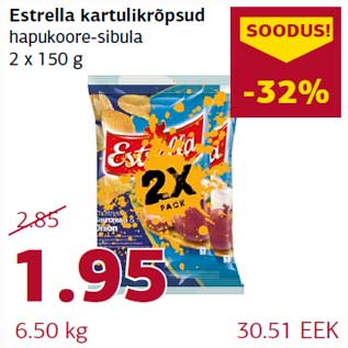 Allahindlus - Estrella kartulikrõpsud hapukoore-sibula 2 x 150 g