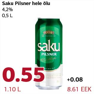 Allahindlus - Saku Pilsner hele õlu 4,2% 0,5 L