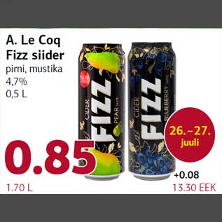 Allahindlus - A. Le Coq Fizz siider pirni, mustika 4,7% 0,5 L