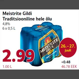 Allahindlus - Meistrite Gildi Traditsiooniline hele õlu 4,8% 6 x 0,5 L