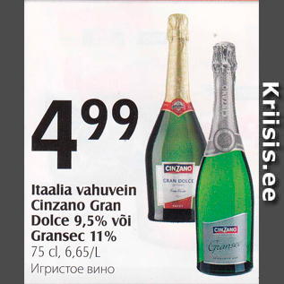 Allahindlus - Itaalia vahuvein Cinzano Gran Dolce 9,5% või Gransec 11%, 75 cl