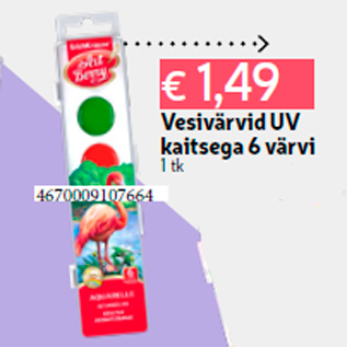 Allahindlus - Vesivärvid UV kaitsega 6 värvi 1 tk