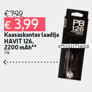 Allahindlus - Kaasaskantav laadija HAVIT 126, 2200 mAh** 1 tk