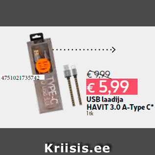 Allahindlus - USB laadija HAVIT 3.0 A-Type C* 1 tk