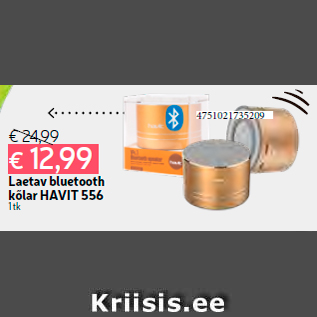 Allahindlus - Laetav bluetooth kõlar HAVIT 556 1 tk