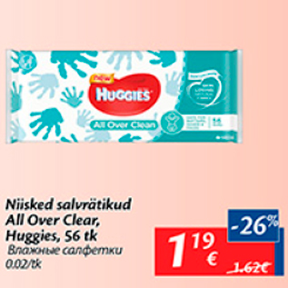 Allahindlus - Niisked salvrätikud All Oler Clear, Huggies, 56 tk