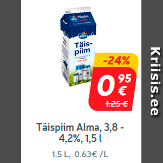 Allahindlus - Täispiim Alma, 3,8 - 4,2%, 1,5 l