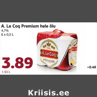 Allahindlus - A. Le Coq Premium hele õlu 4,7% 6 x 0,5 L