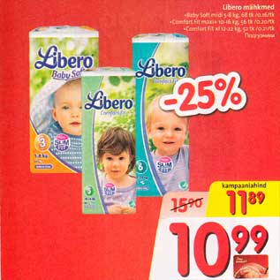 Allahindlus - Libero mähkmed . Babu Soft midi 5-8kg,68tk/0,16/tk . Comfort Fit maxi+ 10-16 kg,56tk/0,20/tk . Comfort Fit xl 12-22kg, 52tk/0,21/tk