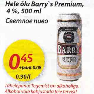 Allahindlus - Hele õlu Barry"s Рrеmium,4%, 500 ml