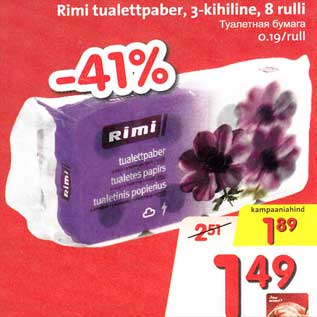 Allahindlus - Rimi tualettpaber, 3-kihiline, 8 rulli