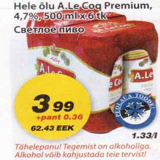 Allahindlus - Hele õlu A.Le Coq Premium