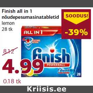 Allahindlus - Finish all in 1 nõudepesumasinatabletid lemon 28 tk