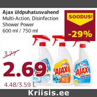 Allahindlus - Ajax üldpuhastusvahend Multi-Action, Disinfection Shower Power 600 ml / 750 ml