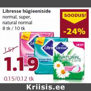 Allahindlus - Libresse hügieeniside normal, super, natural normal 8 tk / 10 tk