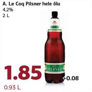 Allahindlus - A. Le Coq Pilsner hele õlu 4,2% 2 L