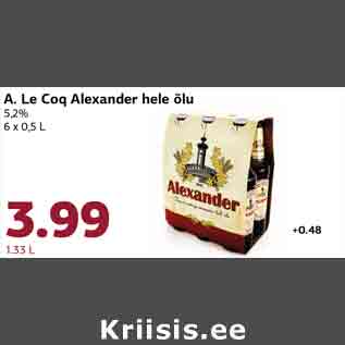 Allahindlus - A. Le Coq Alexander hele õlu 5,2% 6 x 0,5 L