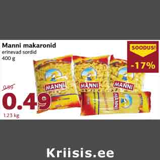 Allahindlus - Manni makaronid erinevad sordid 400 g