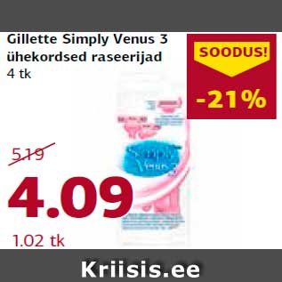 Allahindlus - Gillette Simply Venus 3 ühekordsed raseerijad 4 tk