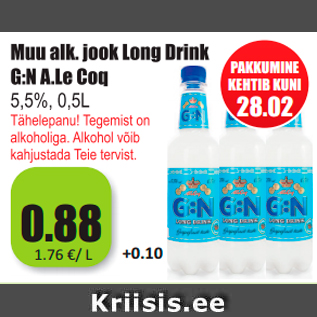 Allahindlus - Muu alk. Long Drink G:N A.Le Coq