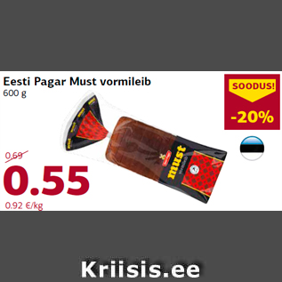 Allahindlus - Eesti Pagar Must vormileib 600 g