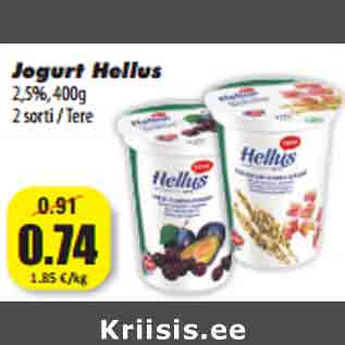 Allahindlus - Jogurt Hellus 2,5%, 400g 2 sorti / Tere