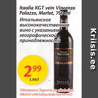 Allahindlus - Itaalia KGT vein Vincenzo Palazzo, Merlot, 750 ml