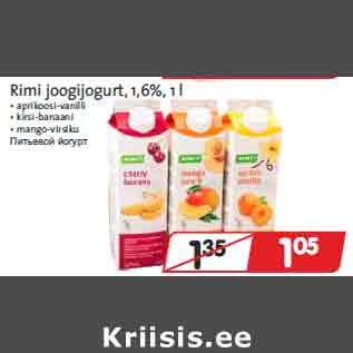 Allahindlus - Rimi joogijogurt, 1,6%, 1 l • aprikoosi-vanilli • kirsi-banaani • mango-virsiku