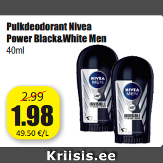 Allahindlus - Pulkdeodorant Nivea Power Black&White Men 40ml