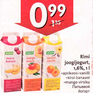 Allahindlus - Rimi joogijogurt, 1,6%, 1l .aprikoosi-vanilli .kirsi-banaani .mango-virsiku