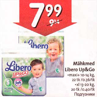 Allahindlus - Mähkmed Libero Up&Go .maxi+ l0-14 kg,22 tk /0,36/tk .xl 13-20 kg,20 tk /0.40/tk