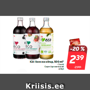 Allahindlus - ICA i love eco siirup, 500 ml*