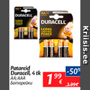 Allahindlus - Patareid Duracell, 4 tk