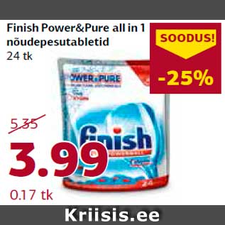 Allahindlus - Finish Power&Pure all in 1 nõudepesutabletid 24 tk