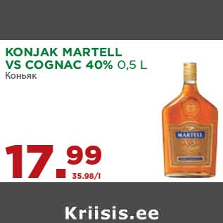 Allahindlus - KONJAK MARTELL VS COGNAC 40% 0,5 L