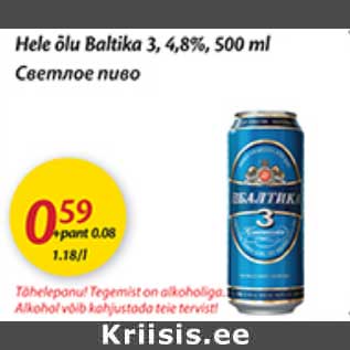 Allahindlus - hele õlu Baltika 3, 4,8%, 500 ml