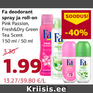 Allahindlus - Fa deodorant spray ja roll-on