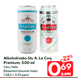 Allahindlus - Alkoholivaba õlu A. Le Coq Premium, 500 ml