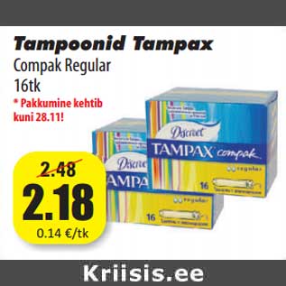 Allahindlus - Tampoonid Tampax Compak Regular 16tk