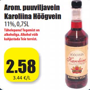 Allahindlus - Arom. puuviljavein Karoliina Hõõgvein 11%, 0,75L