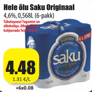 Allahindlus - Hele õlu Saku Originaal 4,6%, 0,568L (6-pakk)