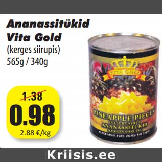 Allahindlus - Ananassitükid Vita Gold (kerges siirupis) 565g / 340g