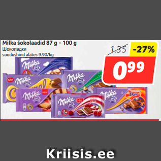 Allahindlus - Milka šokolaadid 87 g - 100 g