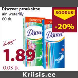 Allahindlus - Discreet pesukaitse air, waterlily 60 tk