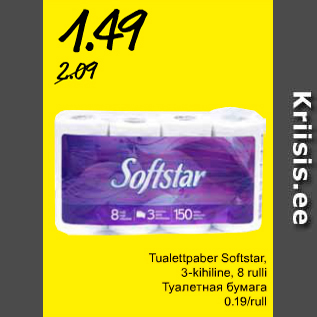 Allahindlus - Tualettpaber Softstar, 3-kihiline, 8 rulli